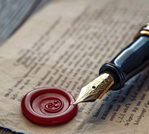 Stilou și sigiliu de ceară pe document notarial